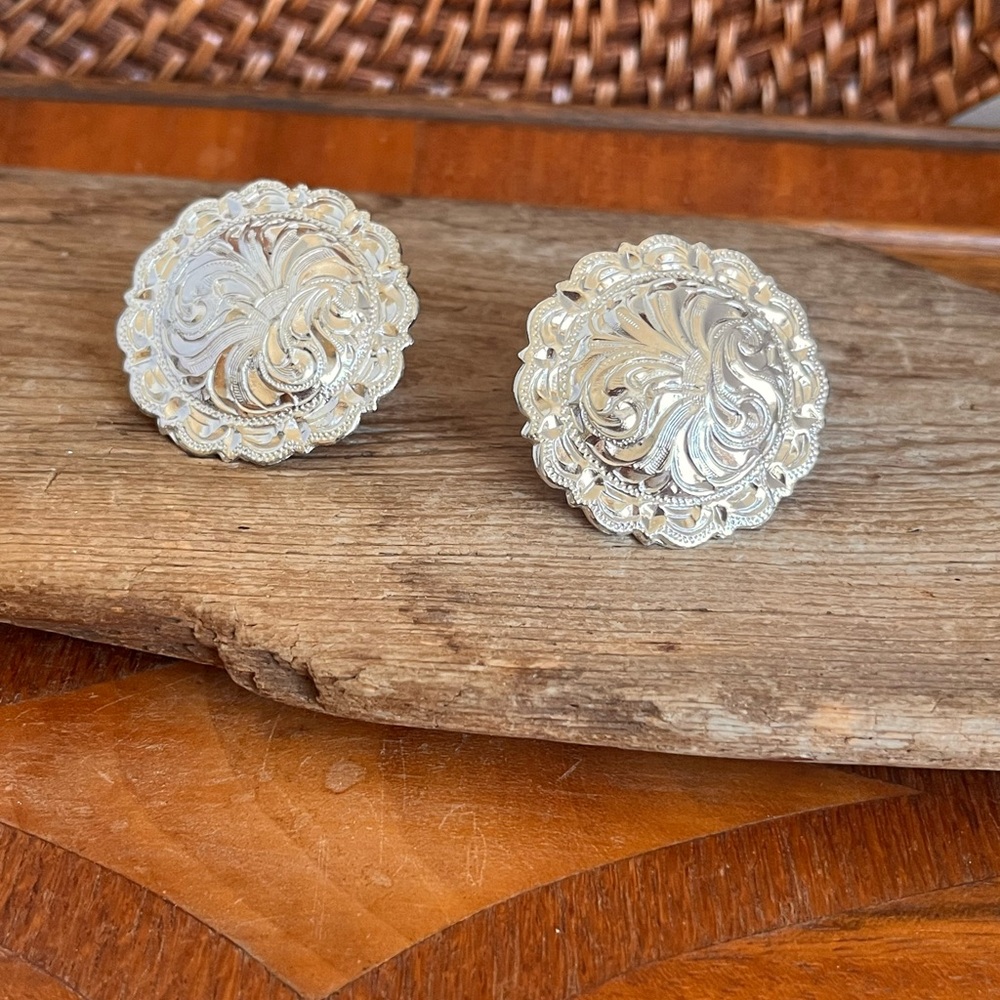 VTG Western Engraved Cufflinks Silver Tone Concho Cowboy Rodeo